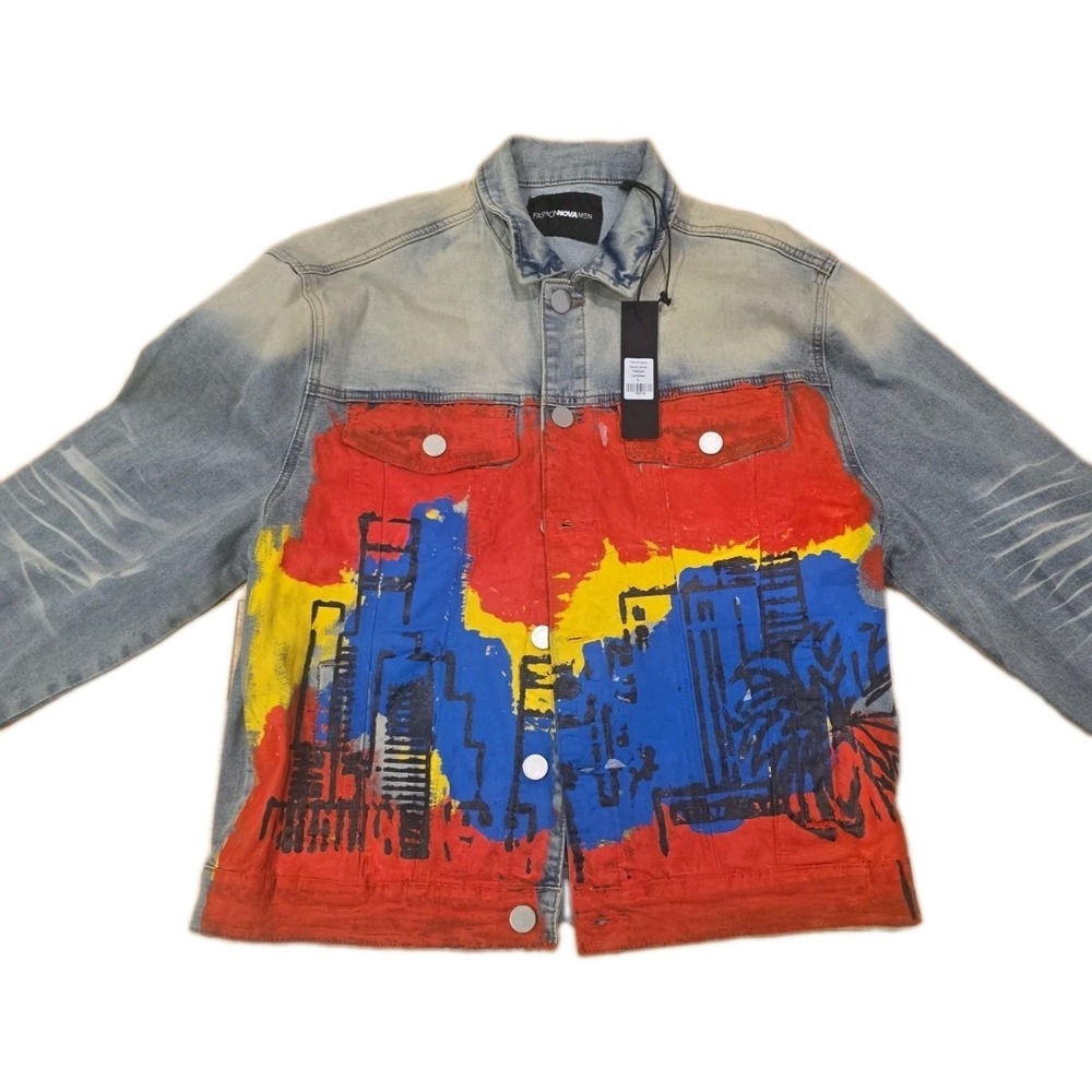 Fashion Nova Men City Of Lights Denim Jacket Light Wash Painted Graphic Size...